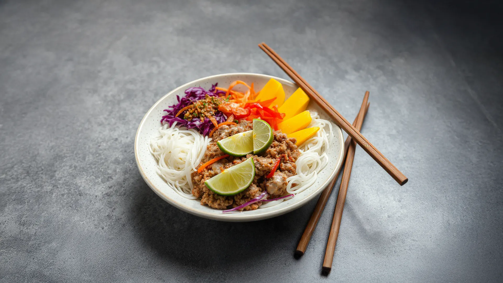 Reisnudelsalat mit Hackfleisch und Mango